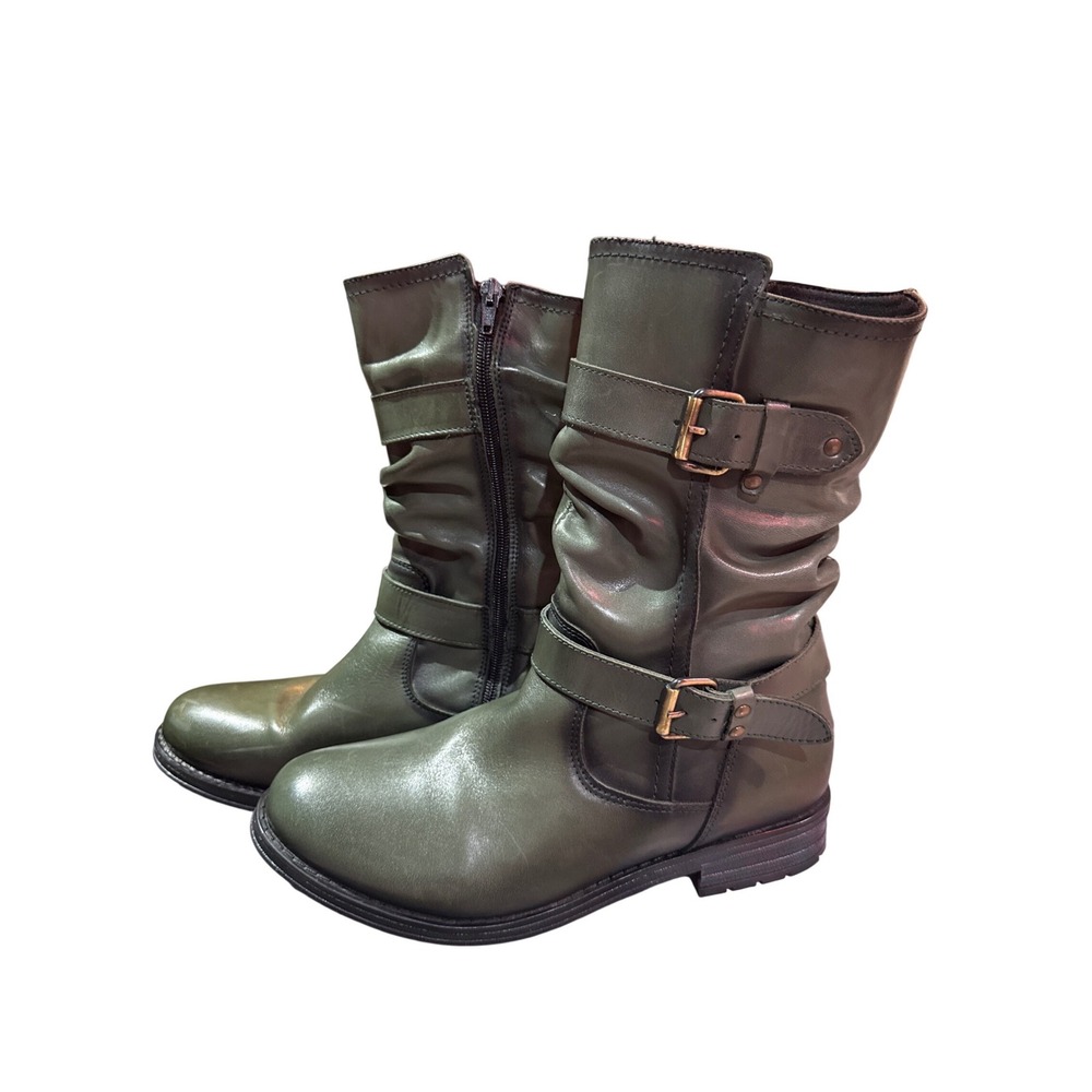 Eric Michael Olive Green‎ Leather Combat Mid Calf Boots Ladies Size 41 Portugal